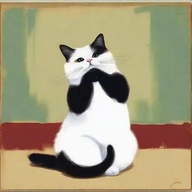 The artist captured the serene pandiculation of a cat stretching in his painting.