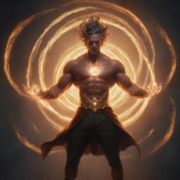 An illuminated portrait of Balmond the character with dynamic swirls of energy radiating from his form, showcasing his strength and power