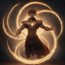 An illuminated portrait of Balmond the character with dynamic swirls of energy radiating from his form, showcasing his strength and power