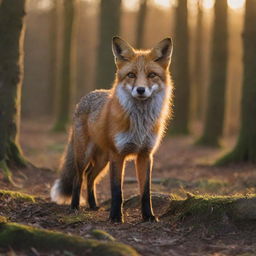 A vibrant and hyper realistic image of a fox in its natural woodland habitat during the golden hour.