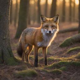 A vibrant and hyper realistic image of a fox in its natural woodland habitat during the golden hour.