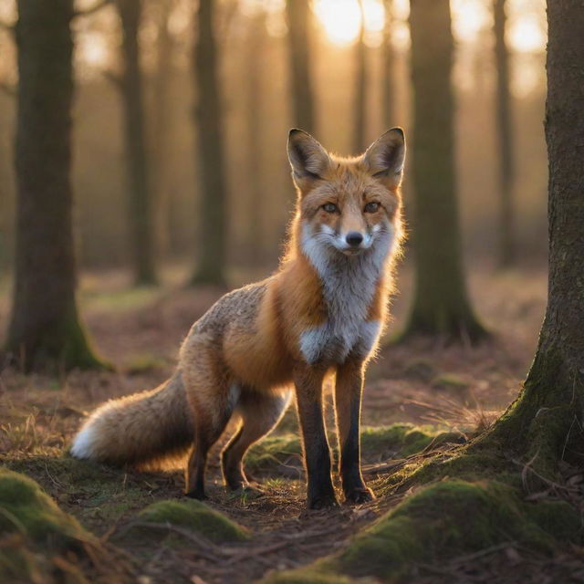 A vibrant and hyper realistic image of a fox in its natural woodland habitat during the golden hour.