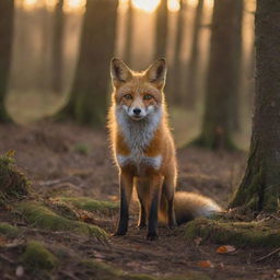 A vibrant and hyper realistic image of a fox in its natural woodland habitat during the golden hour.