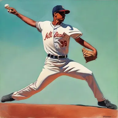 The painting depicted a skilled pitcher throwing a perfect curve ball with beautiful fluid motion.