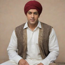 Indian actor Salman Khan wearing traditional Afghani attire, featuring a solid-colored turban and loose, comfortable clothing.