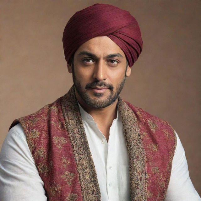 Indian actor Salman Khan wearing traditional Afghani attire, featuring a solid-colored turban and loose, comfortable clothing.