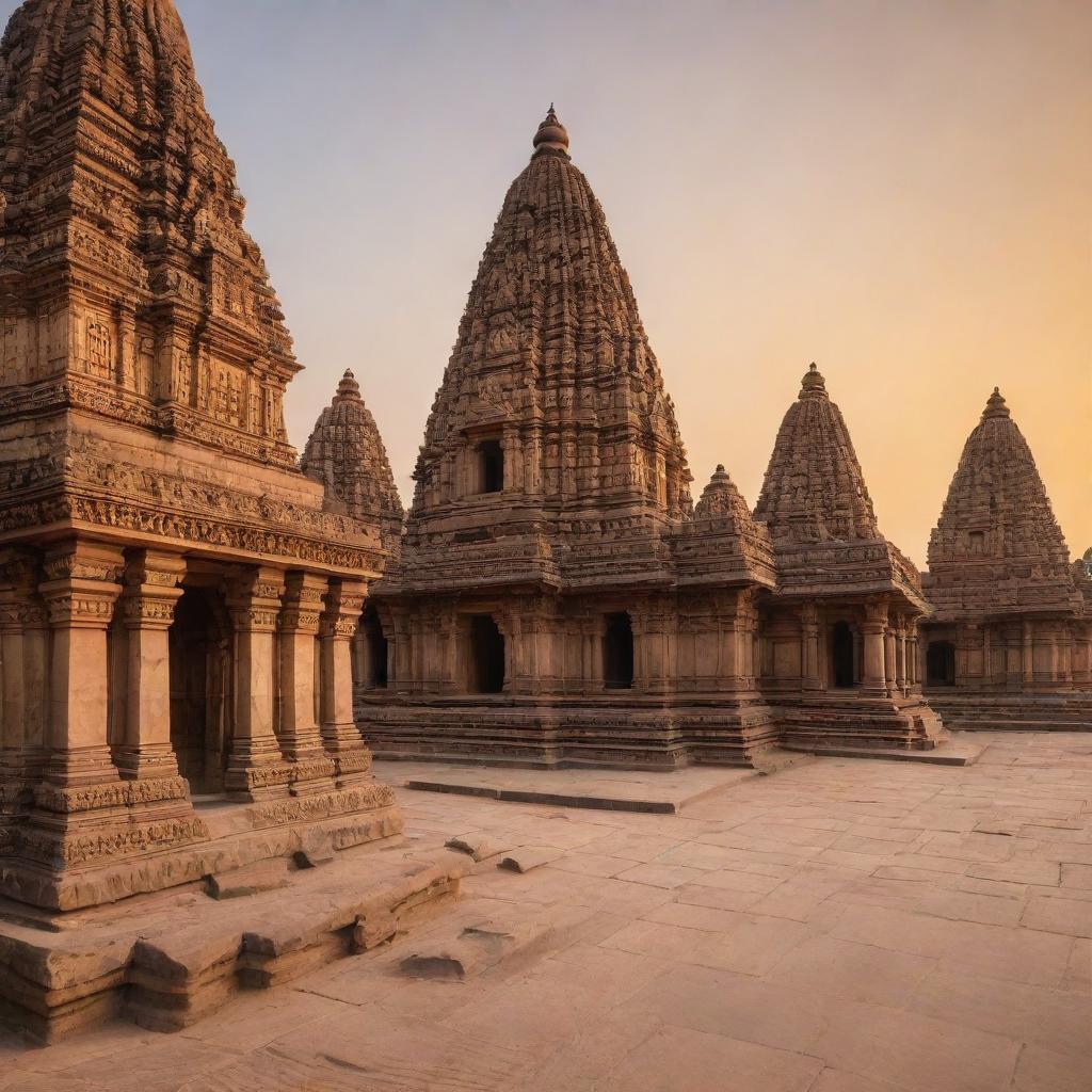 Generate an image of the UNESCO heritage site, Khajuraho Temples in India, focusing on their intricate carvings and stunning architecture during sunrise.