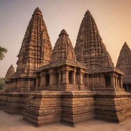 Generate an image of the UNESCO heritage site, Khajuraho Temples in India, focusing on their intricate carvings and stunning architecture during sunrise.