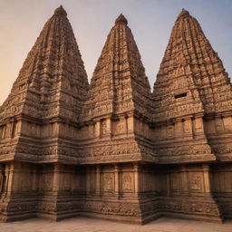 Generate an image of the UNESCO heritage site, Khajuraho Temples in India, focusing on their intricate carvings and stunning architecture during sunrise.