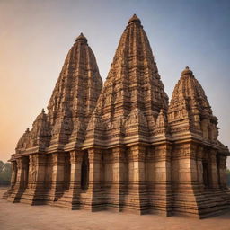 Generate an image of the UNESCO heritage site, Khajuraho Temples in India, focusing on their intricate carvings and stunning architecture during sunrise.