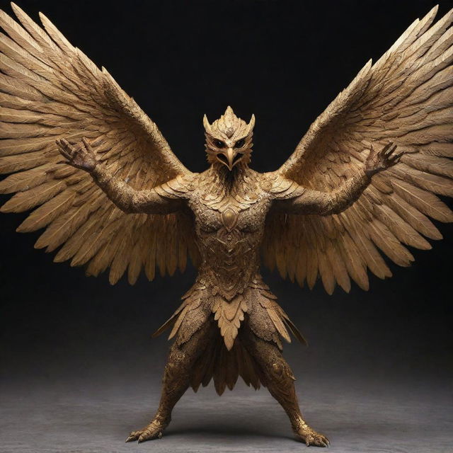 A powerful Garuda bird in combat mode, with its majestic wings spread wide, golden feathers glinting and fierce eyes locked onto its target, emanating an aura of invincibility.