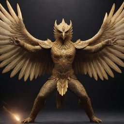 A powerful Garuda bird in combat mode, with its majestic wings spread wide, golden feathers glinting and fierce eyes locked onto its target, emanating an aura of invincibility.