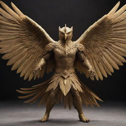 A powerful Garuda bird in combat mode, with its majestic wings spread wide, golden feathers glinting and fierce eyes locked onto its target, emanating an aura of invincibility.