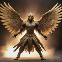 A powerful Garuda bird in combat mode, with its majestic wings spread wide, golden feathers glinting and fierce eyes locked onto its target, emanating an aura of invincibility.