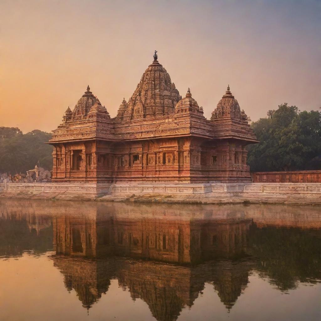 Ram Mandir, an impressive Hindu temple with intricate stone carvings, golden domes and surrounded by a serene river at sunrise.