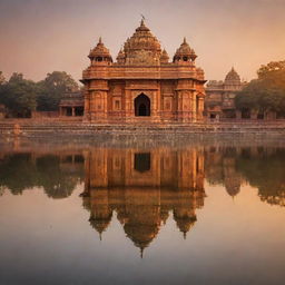 Ram Mandir, an impressive Hindu temple with intricate stone carvings, golden domes and surrounded by a serene river at sunrise.