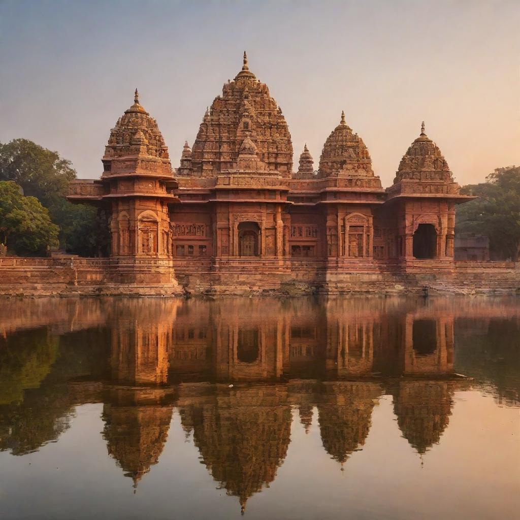 Ram Mandir, an impressive Hindu temple with intricate stone carvings, golden domes and surrounded by a serene river at sunrise.