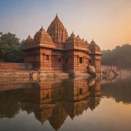 Ram Mandir, an impressive Hindu temple with intricate stone carvings, golden domes and surrounded by a serene river at sunrise.