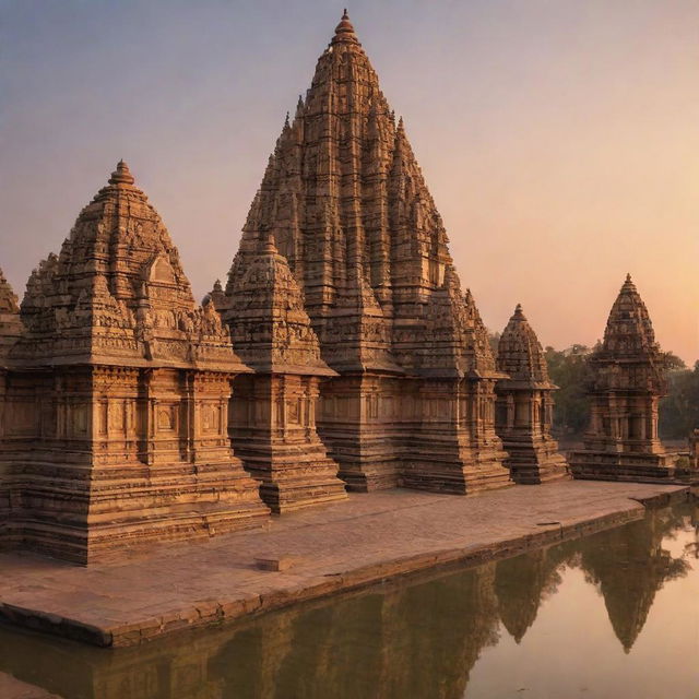 Generate an image of the historical Khajuraho monuments, including intricate sculptures and temples, set against a gentle sky during sunset.