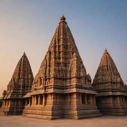 Generate an image of the historical Khajuraho monuments, including intricate sculptures and temples, set against a gentle sky during sunset.