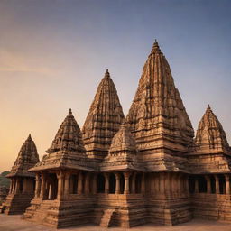 Generate an image of the historical Khajuraho monuments, including intricate sculptures and temples, set against a gentle sky during sunset.