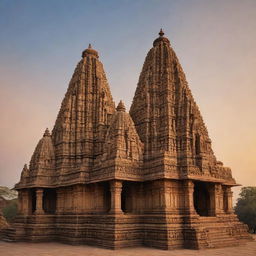 Generate an image of the historical Khajuraho monuments, including intricate sculptures and temples, set against a gentle sky during sunset.