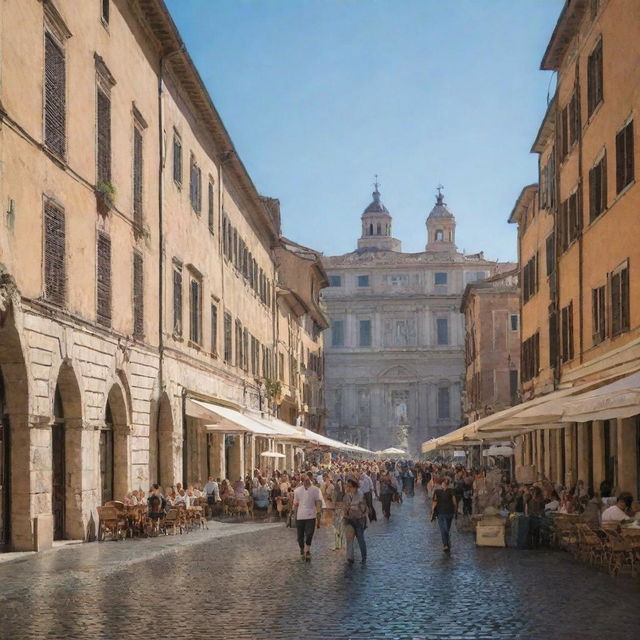 Busy street in Rome during the day, with cobblestone roads, ancient buildings, lively cafes, a fountain, and people walking.