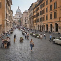 Busy street in Rome during the day, with cobblestone roads, ancient buildings, lively cafes, a fountain, and people walking.