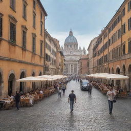 Busy street in Rome during the day, with cobblestone roads, ancient buildings, lively cafes, a fountain, and people walking.