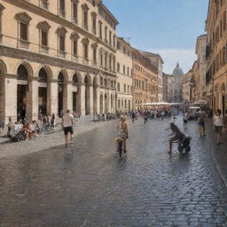 Busy street in Rome during the day, with cobblestone roads, ancient buildings, lively cafes, a fountain, and people walking.