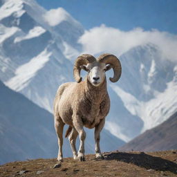 A majestic ram standing against the backdrop of the serene, snowy peaks of the Himalayan mountains