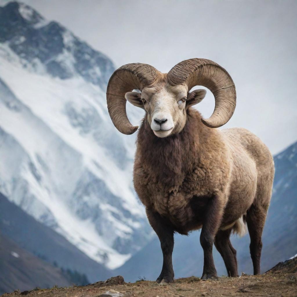 A majestic ram standing against the backdrop of the serene, snowy peaks of the Himalayan mountains