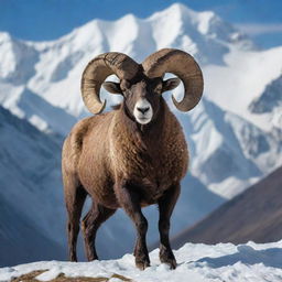 A majestic ram standing against the backdrop of the serene, snowy peaks of the Himalayan mountains