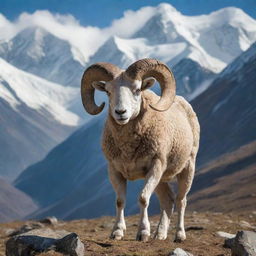 A majestic ram standing against the backdrop of the serene, snowy peaks of the Himalayan mountains