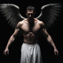 A portrayal of Lucifer, commonly depicted as a fallen angel, looking wrathful and intimidating, contrasted strikingly against a sinister black background.