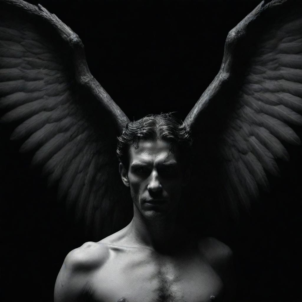 A portrayal of Lucifer, commonly depicted as a fallen angel, looking wrathful and intimidating, contrasted strikingly against a sinister black background.