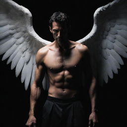 A portrayal of Lucifer, commonly depicted as a fallen angel, looking wrathful and intimidating, contrasted strikingly against a sinister black background.