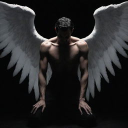 A portrayal of Lucifer, commonly depicted as a fallen angel, looking wrathful and intimidating, contrasted strikingly against a sinister black background.