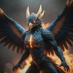 A majestic Garuda bird in combat mode, its feathers ablaze, and eyes glowing with fierce determination.