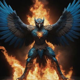 A majestic Garuda bird in combat mode, its feathers ablaze, and eyes glowing with fierce determination.