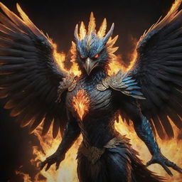 A majestic Garuda bird in combat mode, its feathers ablaze, and eyes glowing with fierce determination.