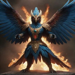 A majestic Garuda bird in combat mode, its feathers ablaze, and eyes glowing with fierce determination.