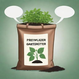 An animated, talking bag of fertilizer with a speech bubble, expressing a profound gardening tip.