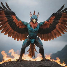 A majestic Garuda bird in full combat mode, its feathers bristling, talons sharp, and eyes ablaze with determination.