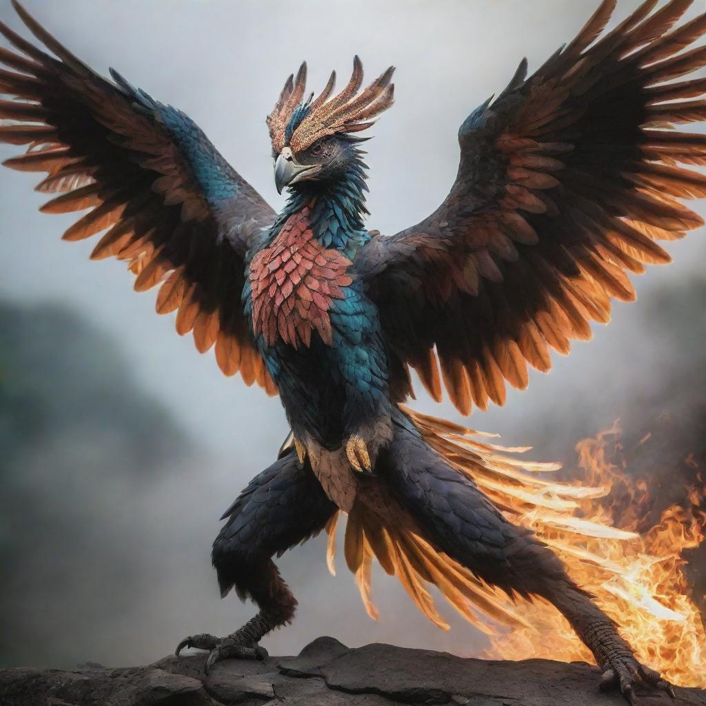 A majestic Garuda bird in full combat mode, its feathers bristling, talons sharp, and eyes ablaze with determination.