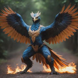 A majestic Garuda bird in full combat mode, its feathers bristling, talons sharp, and eyes ablaze with determination.