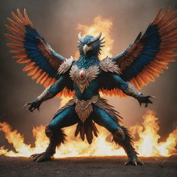 A majestic Garuda bird in full combat mode, its feathers bristling, talons sharp, and eyes ablaze with determination.