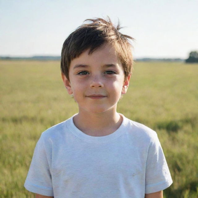 A young boy with childish innocence in his sparkling eyes, wearing casual attire, standing in an open field under a bright, sunny sky.