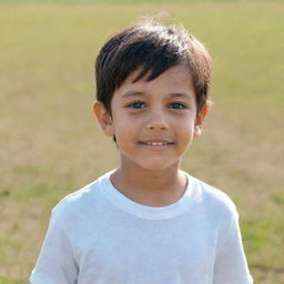 A young boy with childish innocence in his sparkling eyes, wearing casual attire, standing in an open field under a bright, sunny sky.