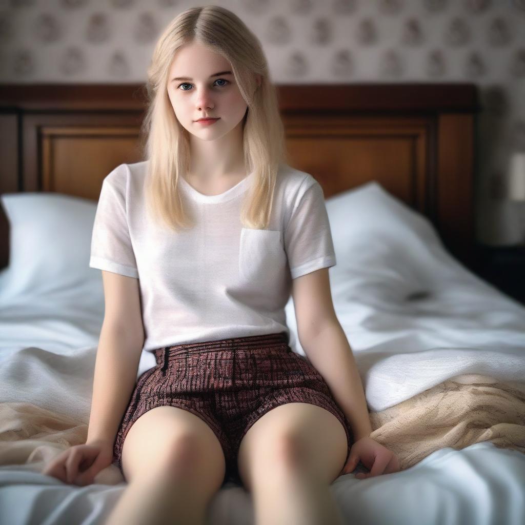 A high-resolution 4k image, showcasing a stunning blonde teenage girl seated on a bed